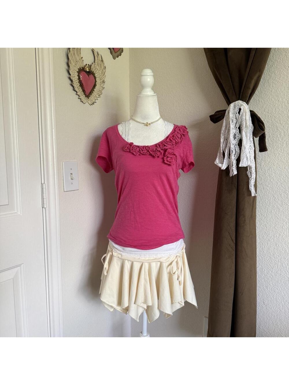 New York & Company Pink Ruffle Blouse Fairycore Cottagecore Size XS
